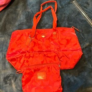 Coach red tote with pouch for storage signature C bag purse